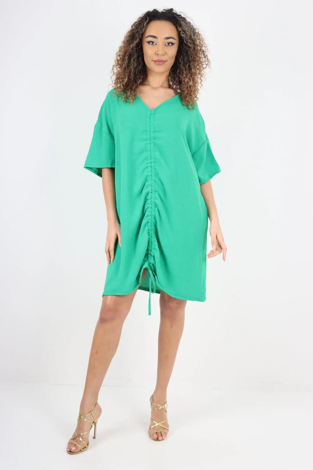 Ruched String V Neck Tunic Top