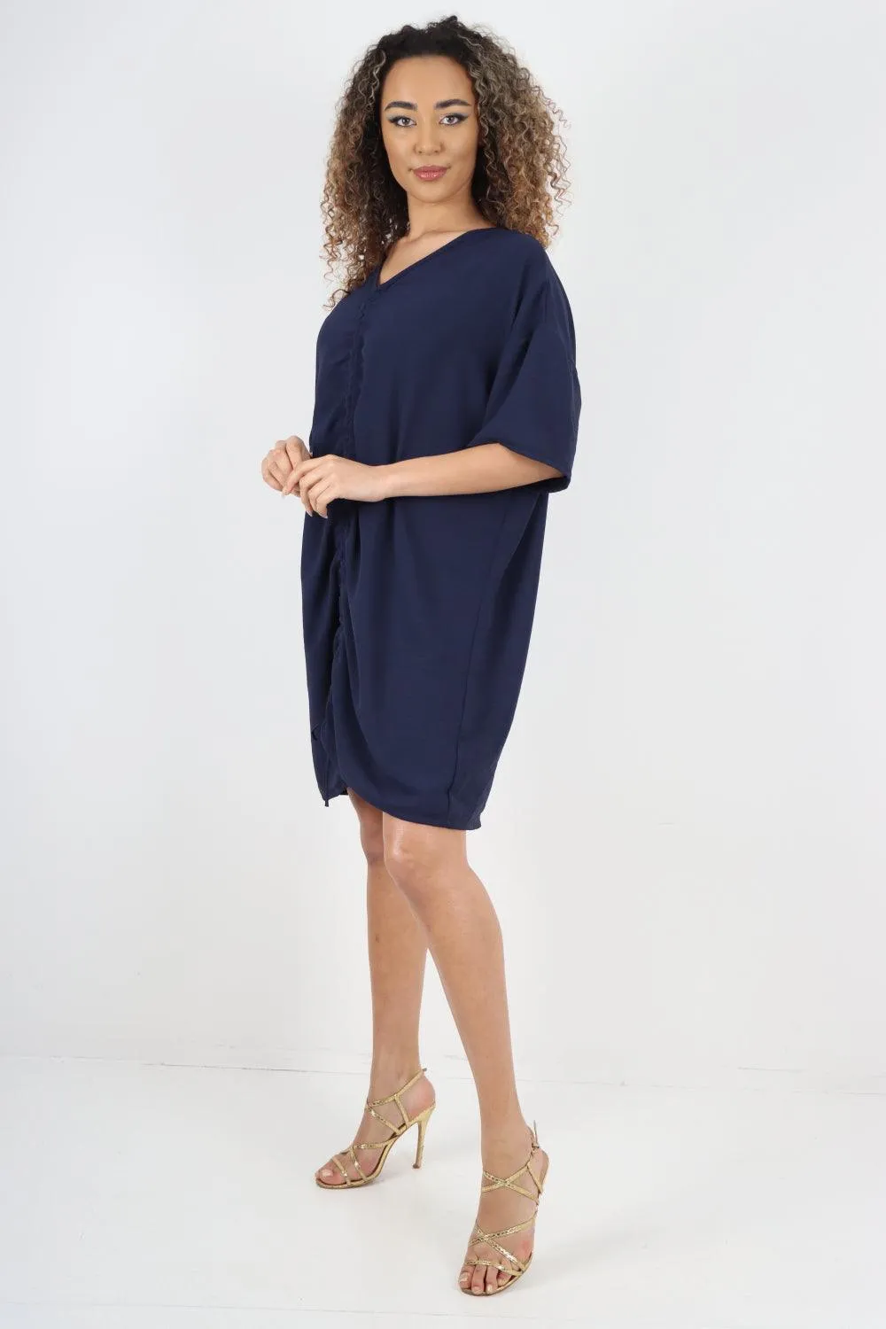 Ruched String V Neck Tunic Top