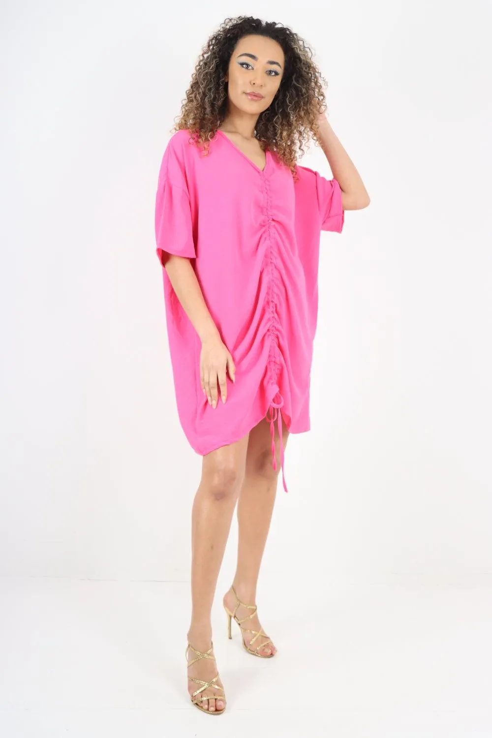 Ruched String V Neck Tunic Top