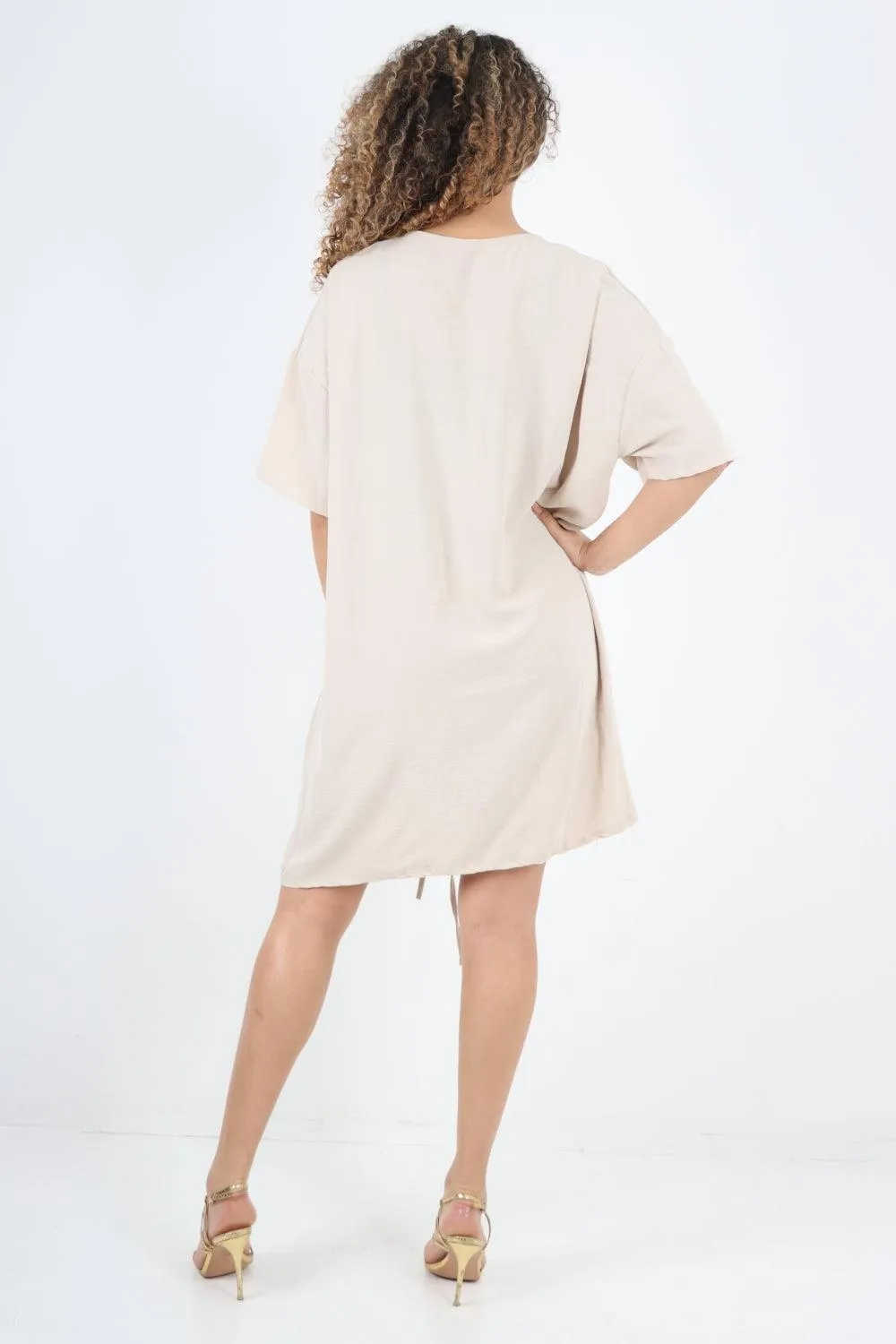 Ruched String V Neck Tunic Top