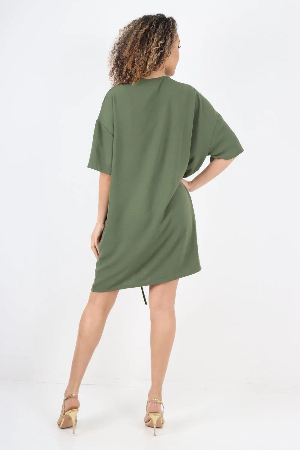 Ruched String V Neck Tunic Top