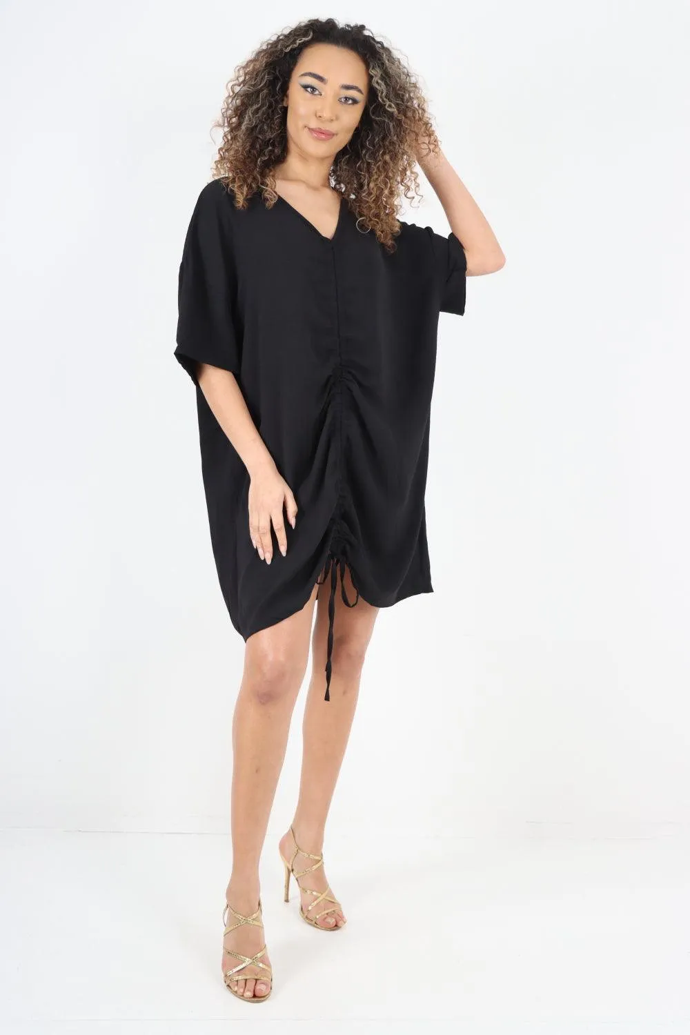 Ruched String V Neck Tunic Top