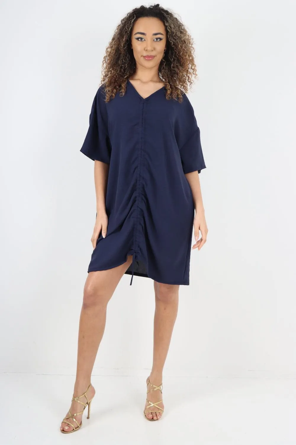 Ruched String V Neck Tunic Top