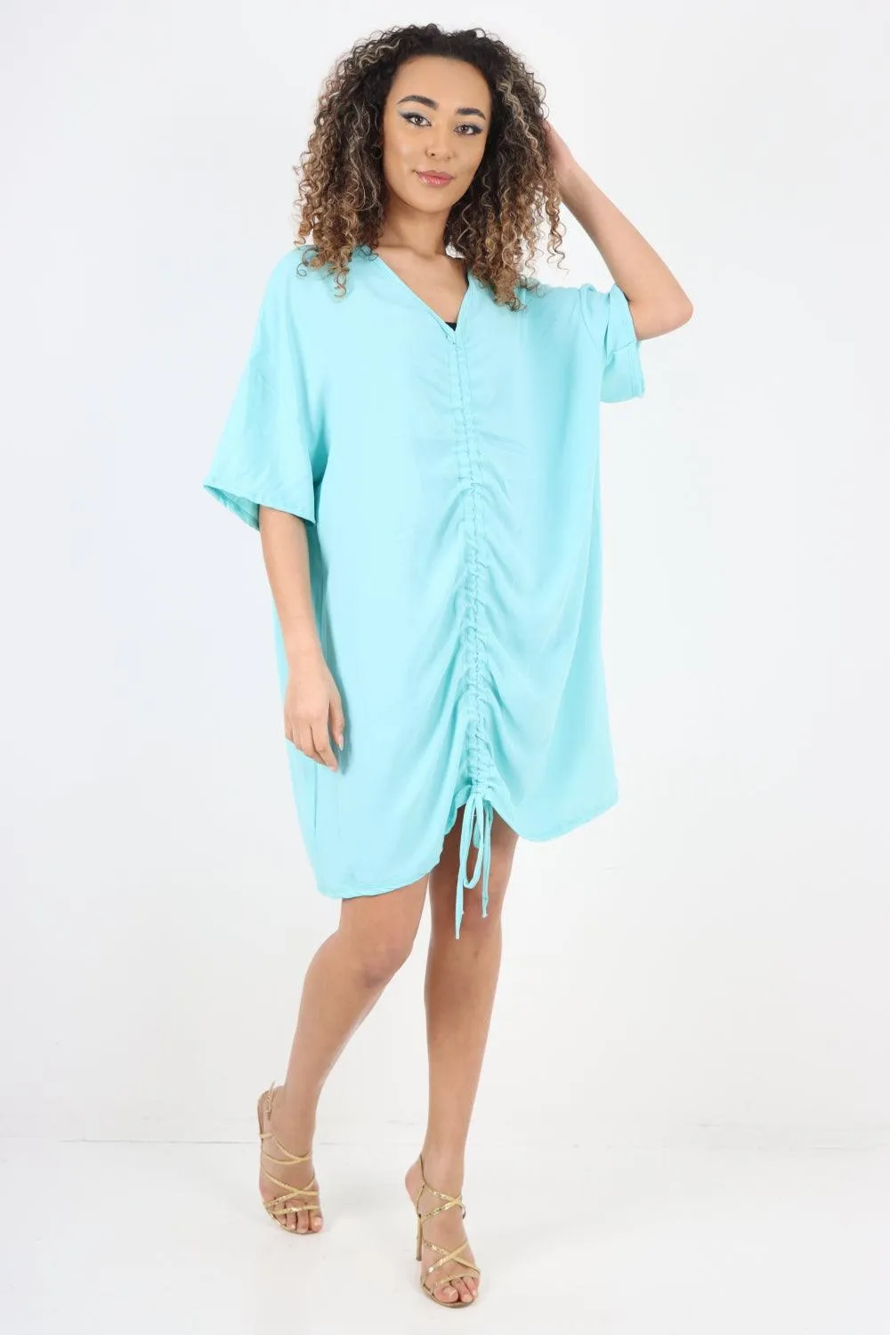 Ruched String V Neck Tunic Top