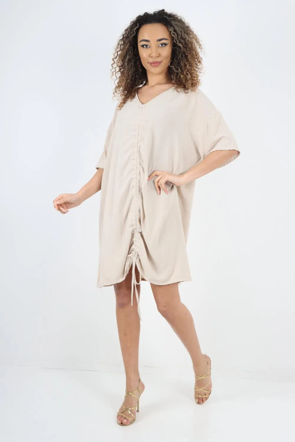 Ruched String V Neck Tunic Top