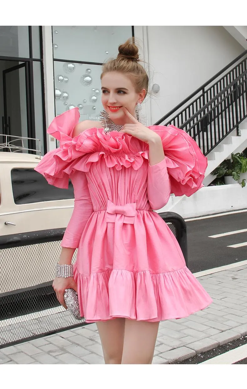 Ruffled Layered off Shoulder Princess Dress Dinner Party cocktail pink dress - Tevi