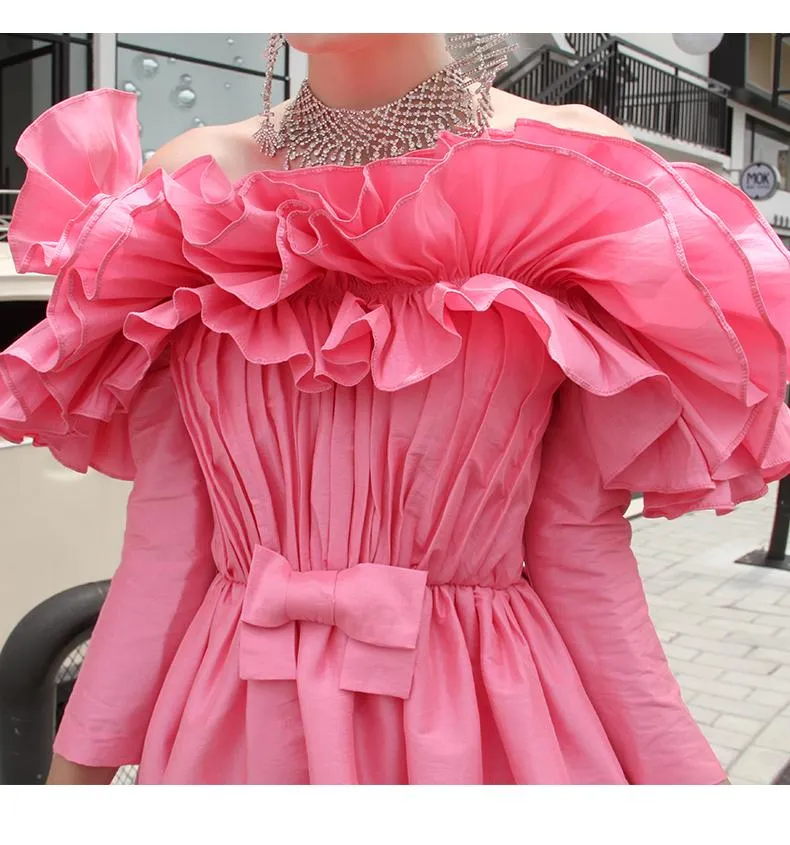 Ruffled Layered off Shoulder Princess Dress Dinner Party cocktail pink dress - Tevi