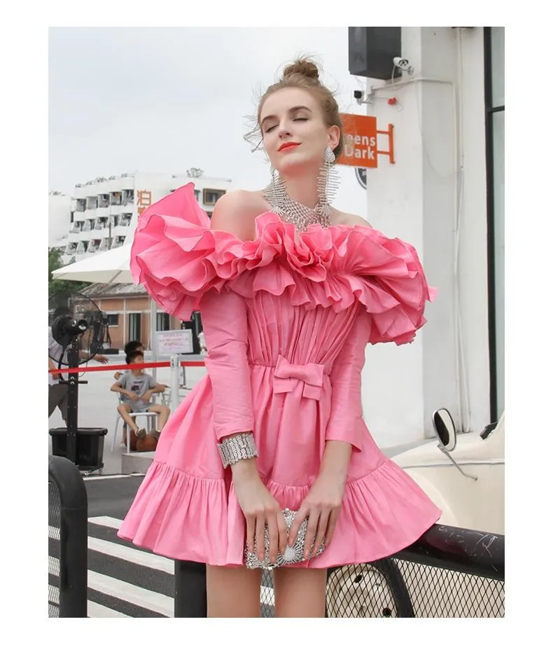 Ruffled Layered off Shoulder Princess Dress Dinner Party cocktail pink dress - Tevi