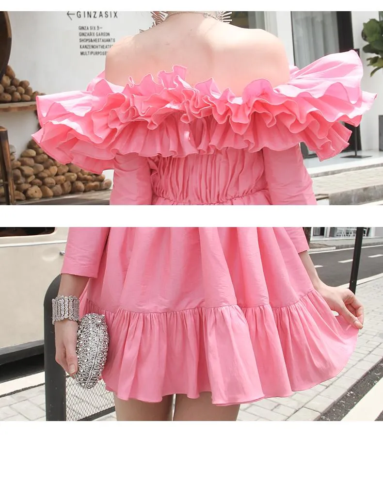 Ruffled Layered off Shoulder Princess Dress Dinner Party cocktail pink dress - Tevi