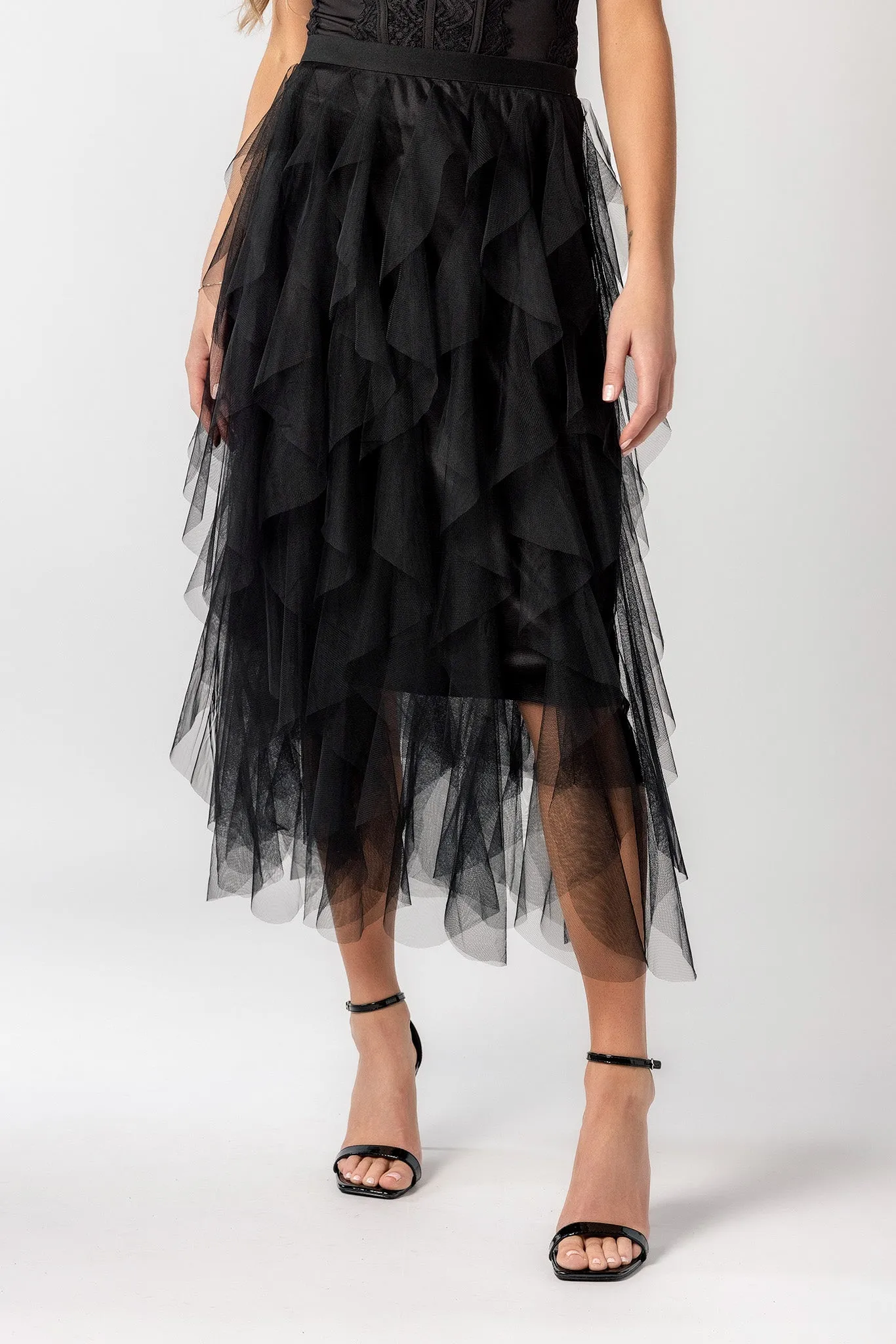 Ruffled Mesh Midi Skirt