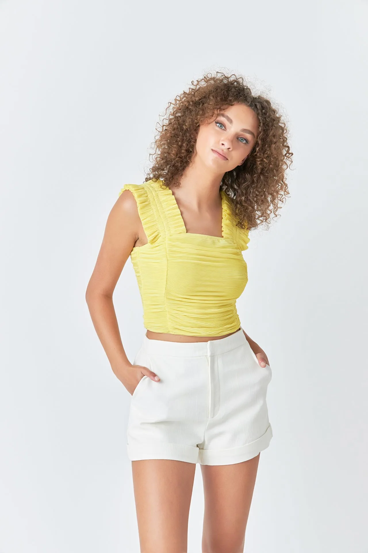 Ruffled Pleated Mesh Tank Top