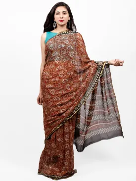 Rust Red Black Hand Block Printed Chiffon Saree with Zari Border - S031703274