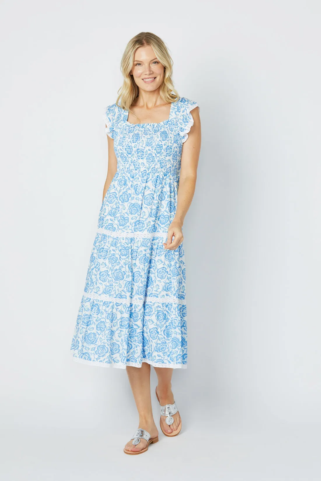 Sail to Sable Flutter Sleeve Smocked Midi Dress - Blue Rose