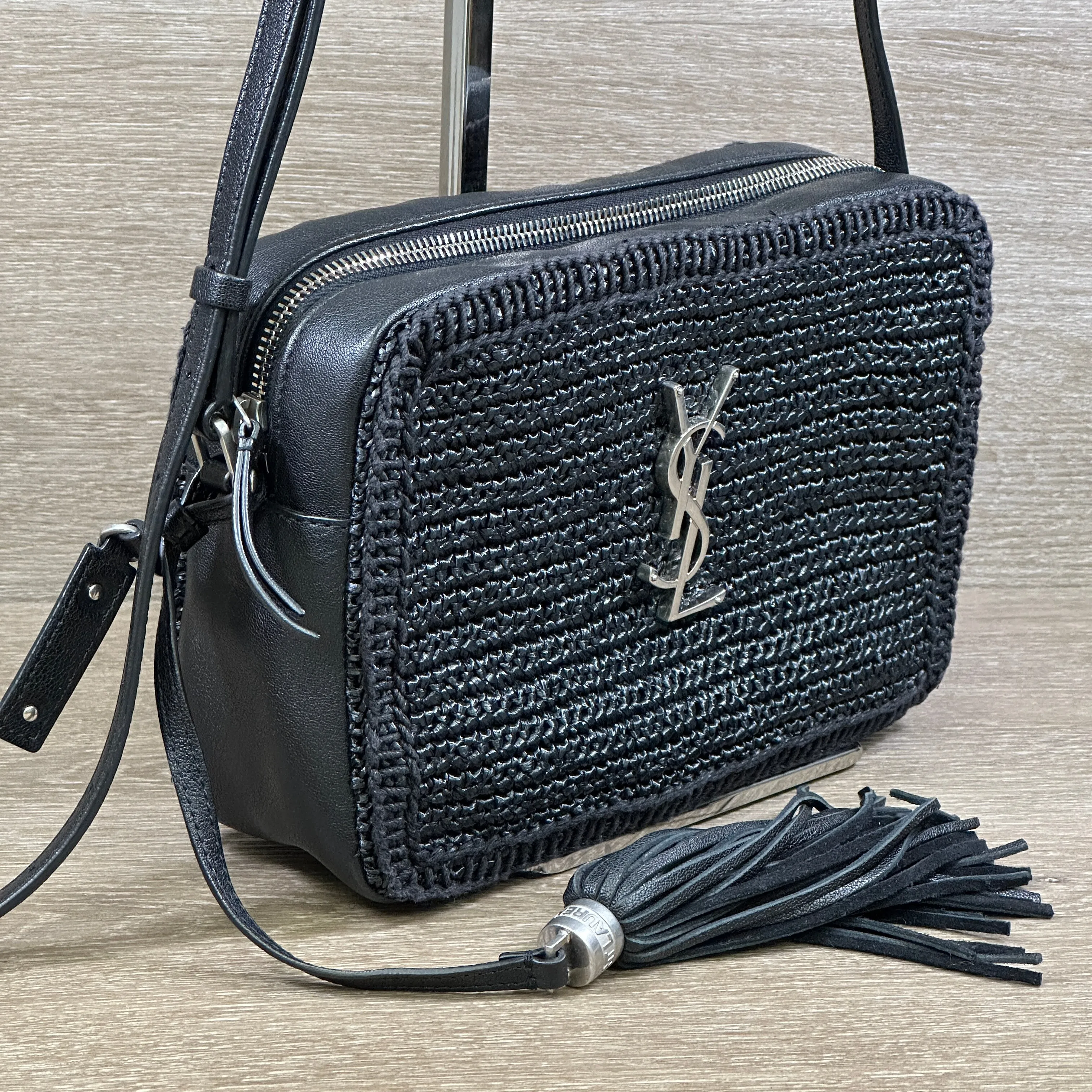 Saint Laurent Raffia Lou Camera Bag - Woven Black