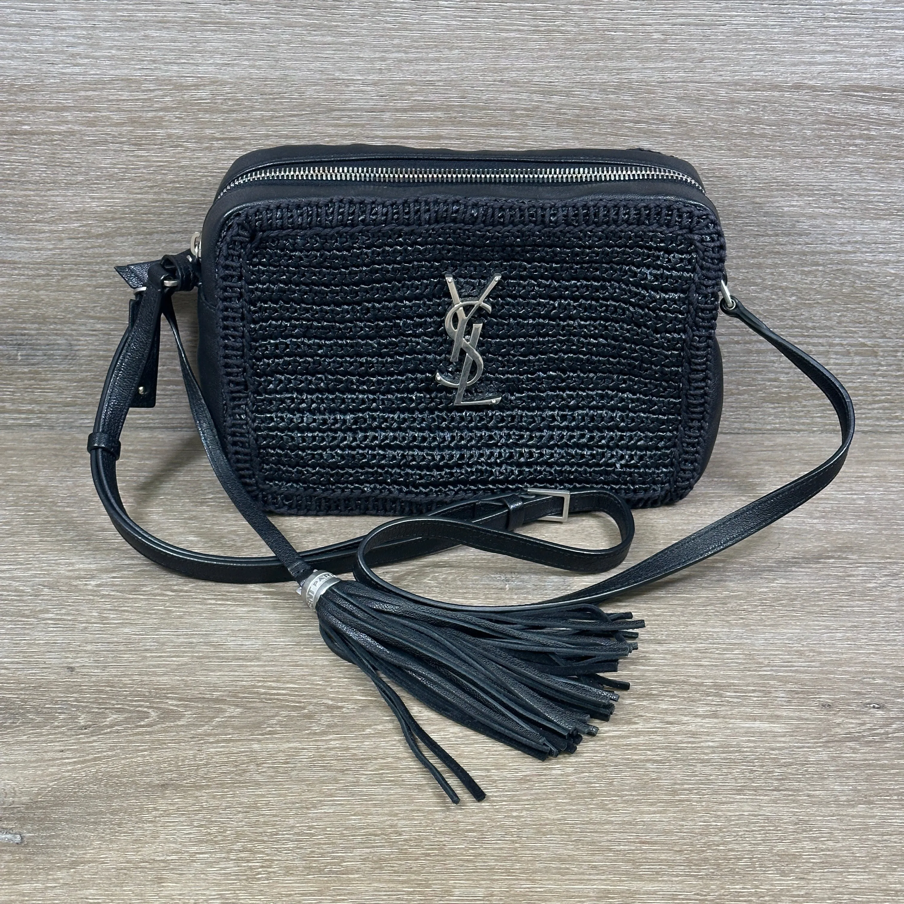 Saint Laurent Raffia Lou Camera Bag - Woven Black