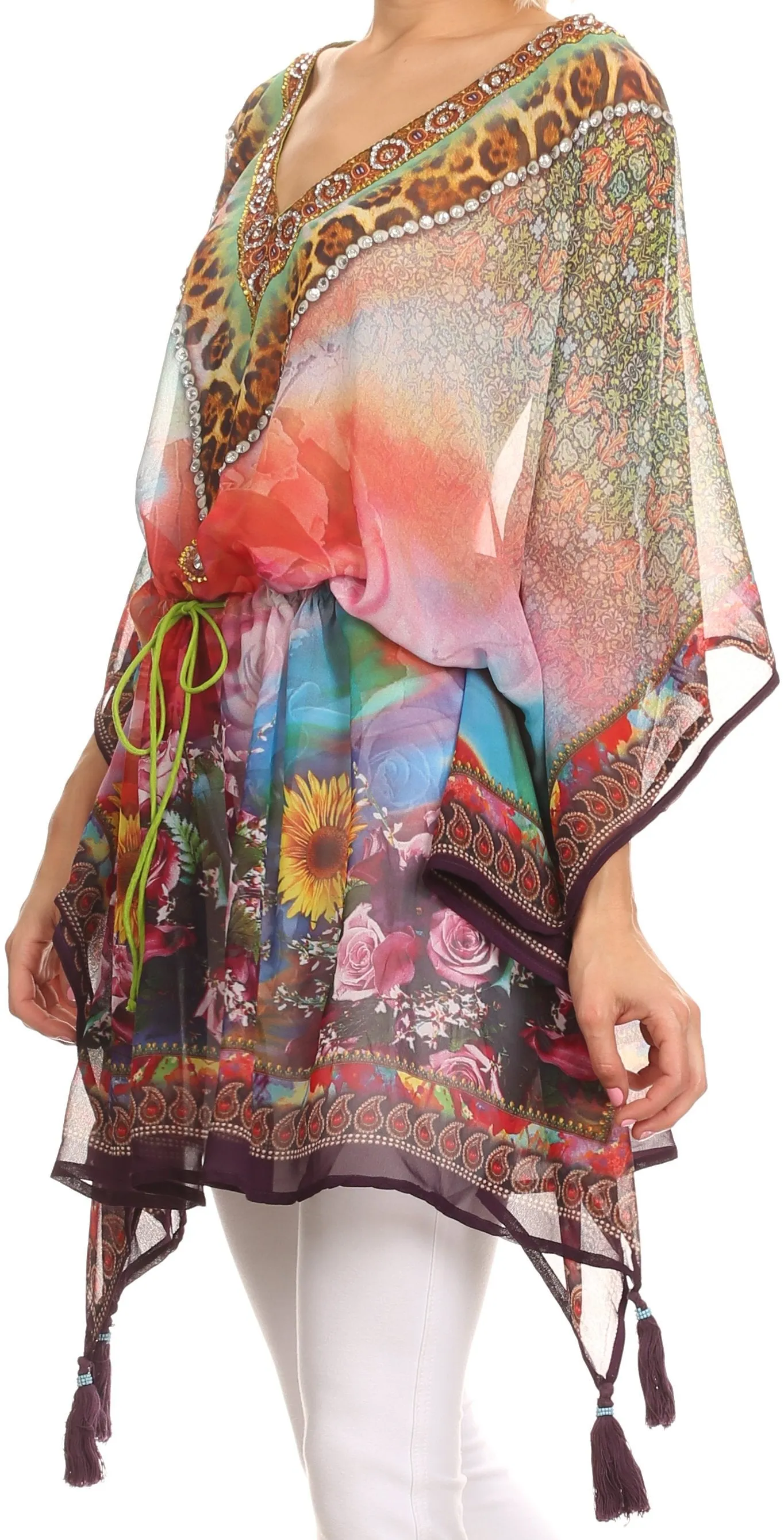 Sakkas Fual Long Printed Square Adjustable Waist Beaded Tassel Caftan Cover Up