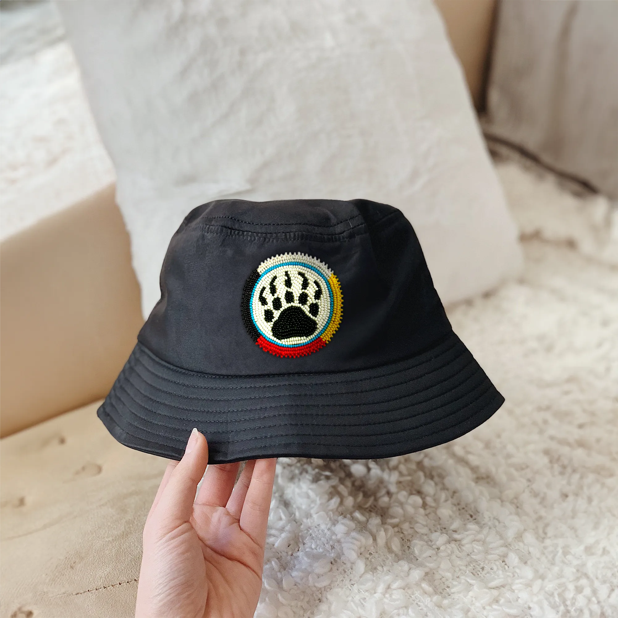 SALE 50% OFF - Bear Paw Beaded Unisex Cotton Bucket Hat with Native American