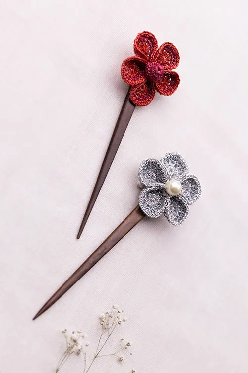 Samoolam Handmade Crochet Hairstick ~ Red & Silver Flowers - Pair