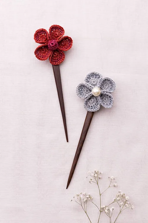 Samoolam Handmade Crochet Hairstick ~ Red & Silver Flowers - Pair