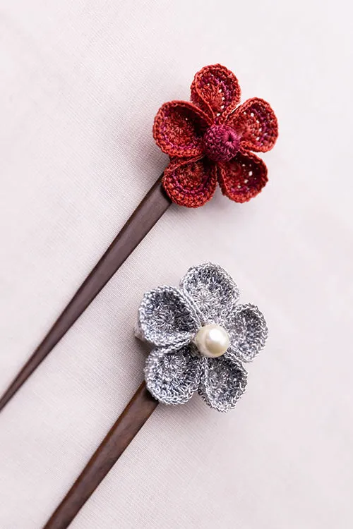 Samoolam Handmade Crochet Hairstick ~ Red & Silver Flowers - Pair