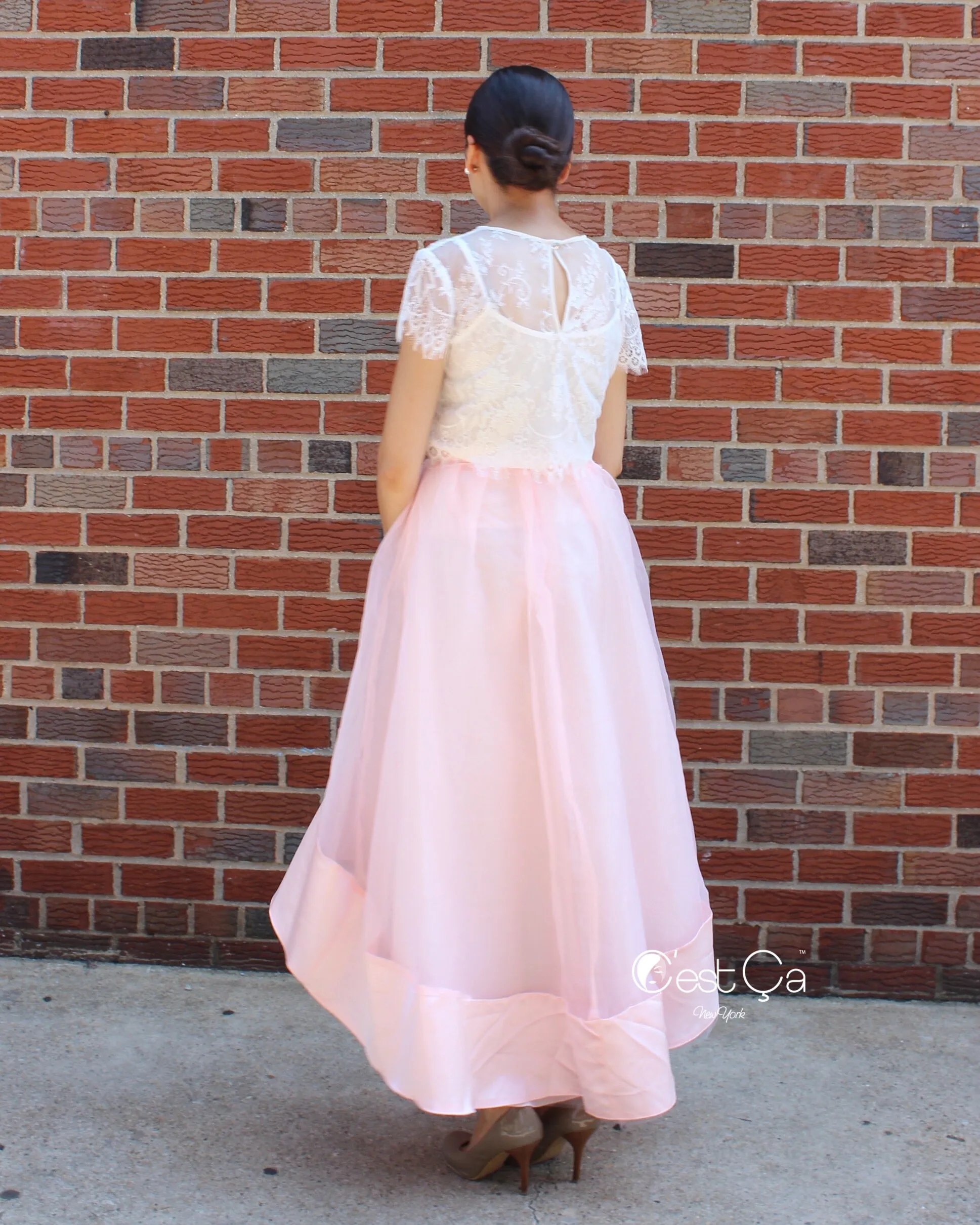 SAMPLE Donna Blush Pink High-Low Satin Organza & Tulle Skirt (size 10/12)