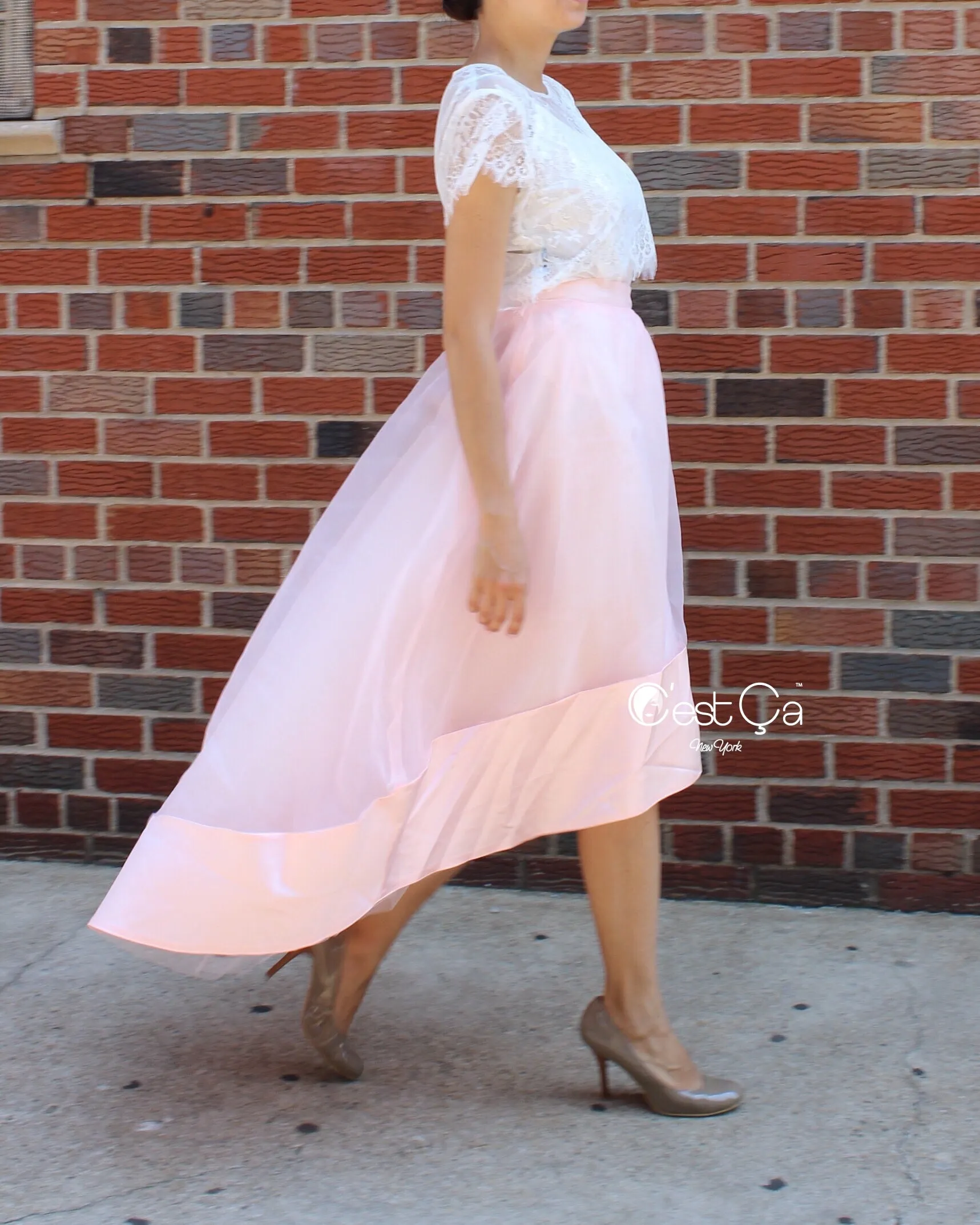 SAMPLE Donna Blush Pink High-Low Satin Organza & Tulle Skirt (size 10/12)