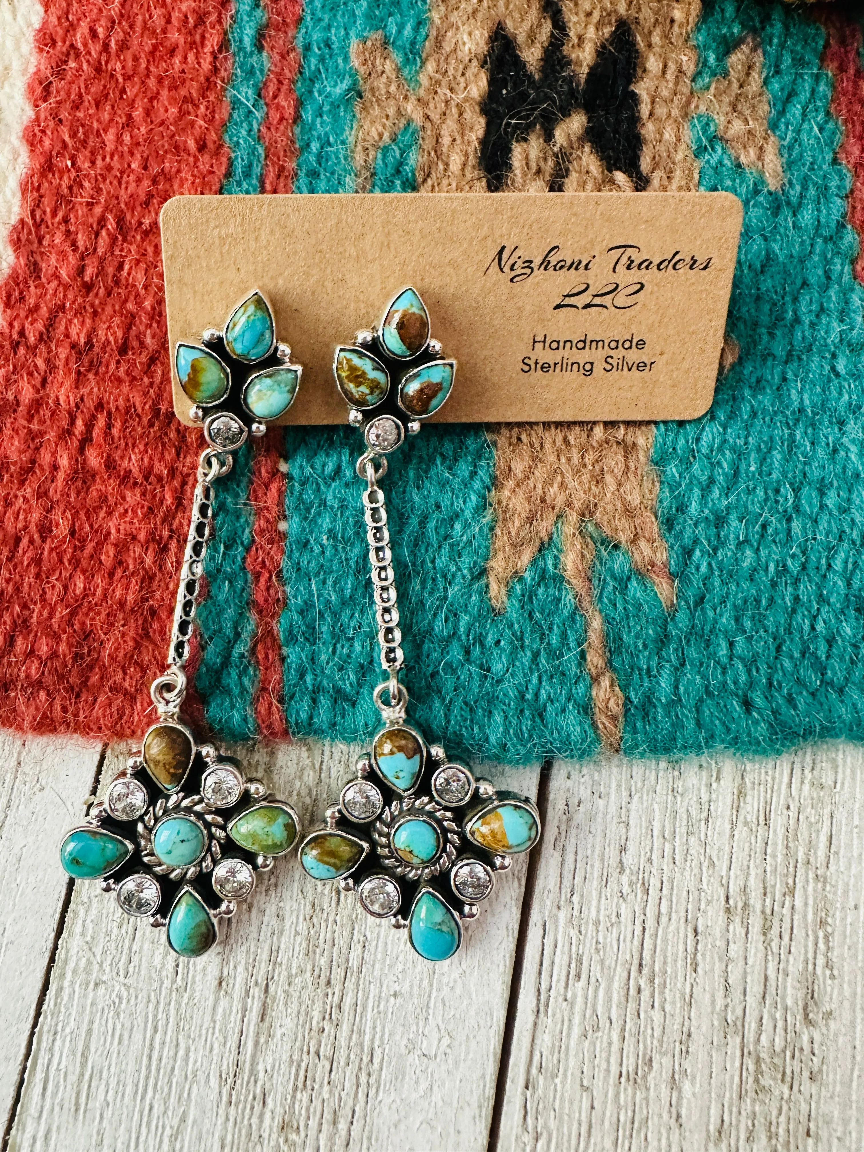 Santa Fe Handmade Turquoise, CZ & Sterling Silver Dangle Earrings