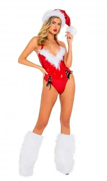 Santa Vinyl Romper with Faux Fur - Red -