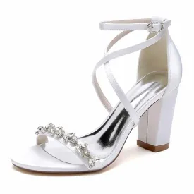 Satin Bridal Wedding Shoes Rhinestones High Heels Buckle Chunky Heels Ankle Strap Pointy Toe Pumps