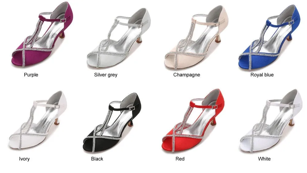 Satin Crystals Wedding Shoes for Bride Peep Toe Ankle Strap Bridal Heels