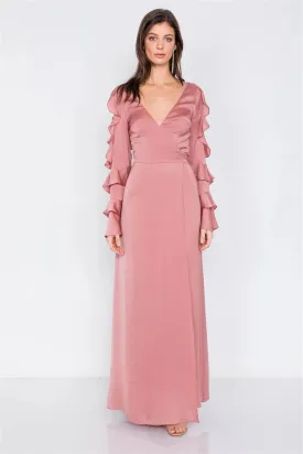 Satin Dusty Rose Cold Shoulder Frill Trim Wrap Maxi Dress /3-2-1