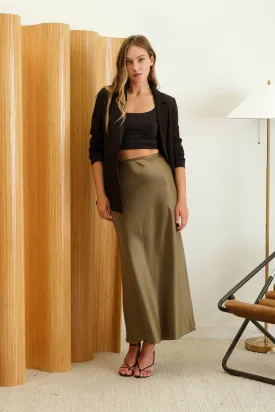 SATIN SLIP MIDI SKIRT: OLIVE