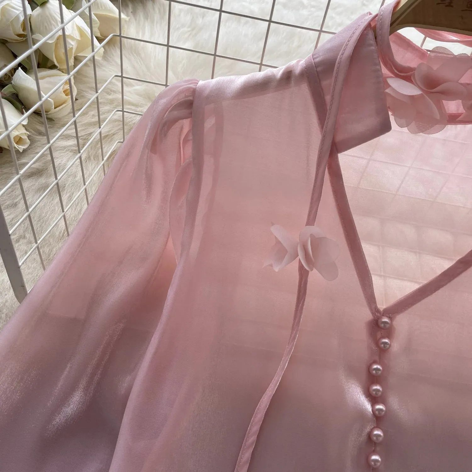 Satin V-Neck Lantern Sleeve Blouse