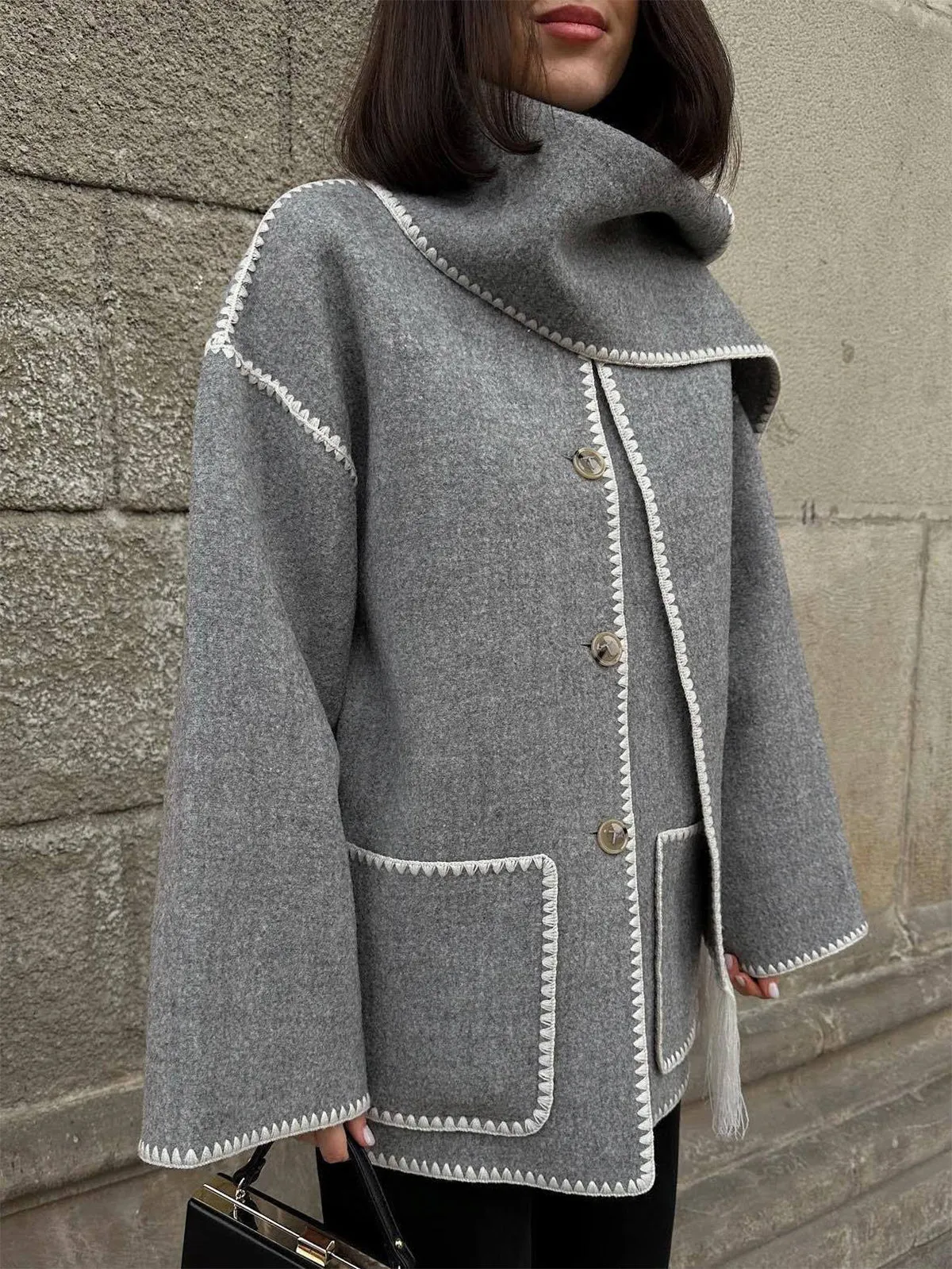 Scarf-Neckline Felt Woolen Coat