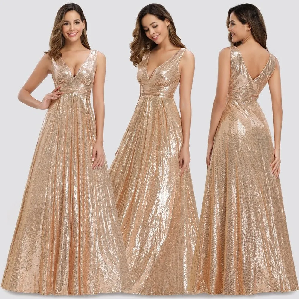 sd-hk Gold Sequin Evening Party Gowns V Neck Sleeve Prom Dress Plus Size