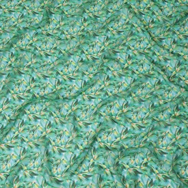 Seafoam Green Synthetic Chiffon Fabric with Orange and Yellow Feather Print, 140 cm Wide-D19118