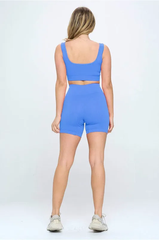 Seamless Ribbed Padded Tank & Biker Shorts Set