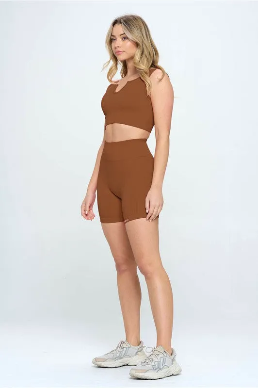 Seamless Ribbed Padded Tank & Biker Shorts Set