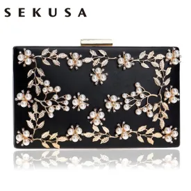 SEKUSA Women Fashion Clutch Bag Beaded Leaf Metal Gold Lady Evening Bag Chain Shoulder Handbags Party Wedding Bridal Bags