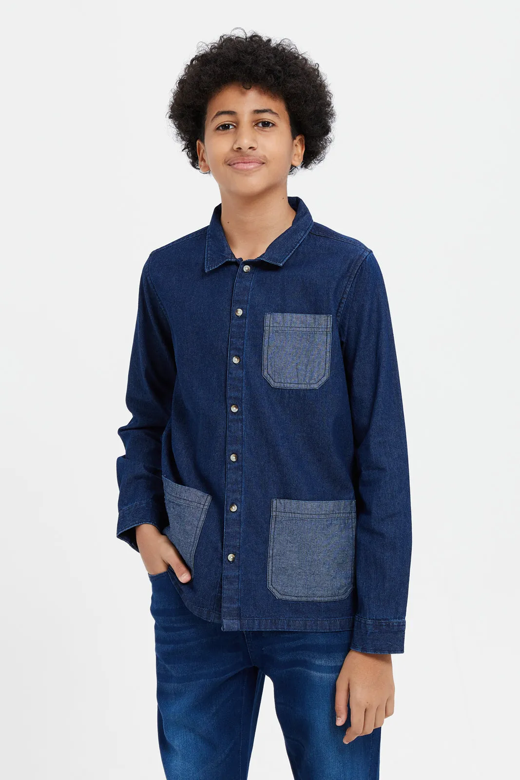 Senior Boys Navy Denim Shirt With T-Shirt Set (2 Piece)