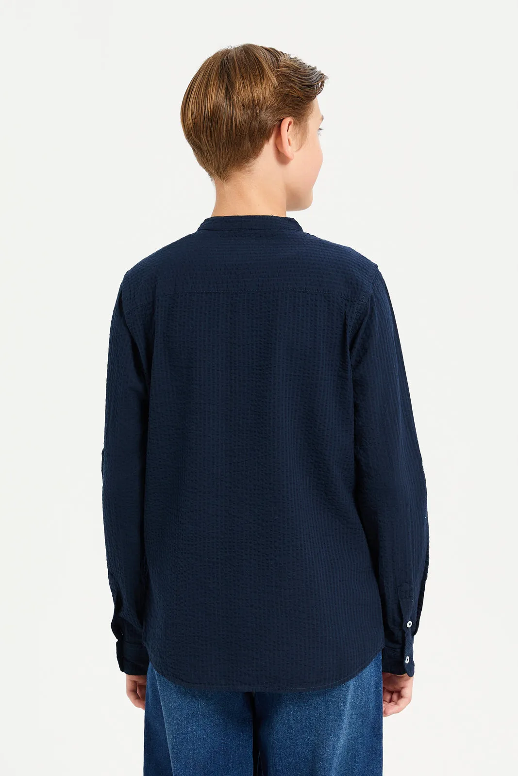 Senior Boys Navy Plain Mandarin Collar Seersucker Shirt