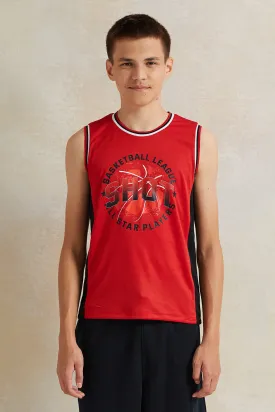 Senior Boys Red Printed Sleeveless T-Shirt