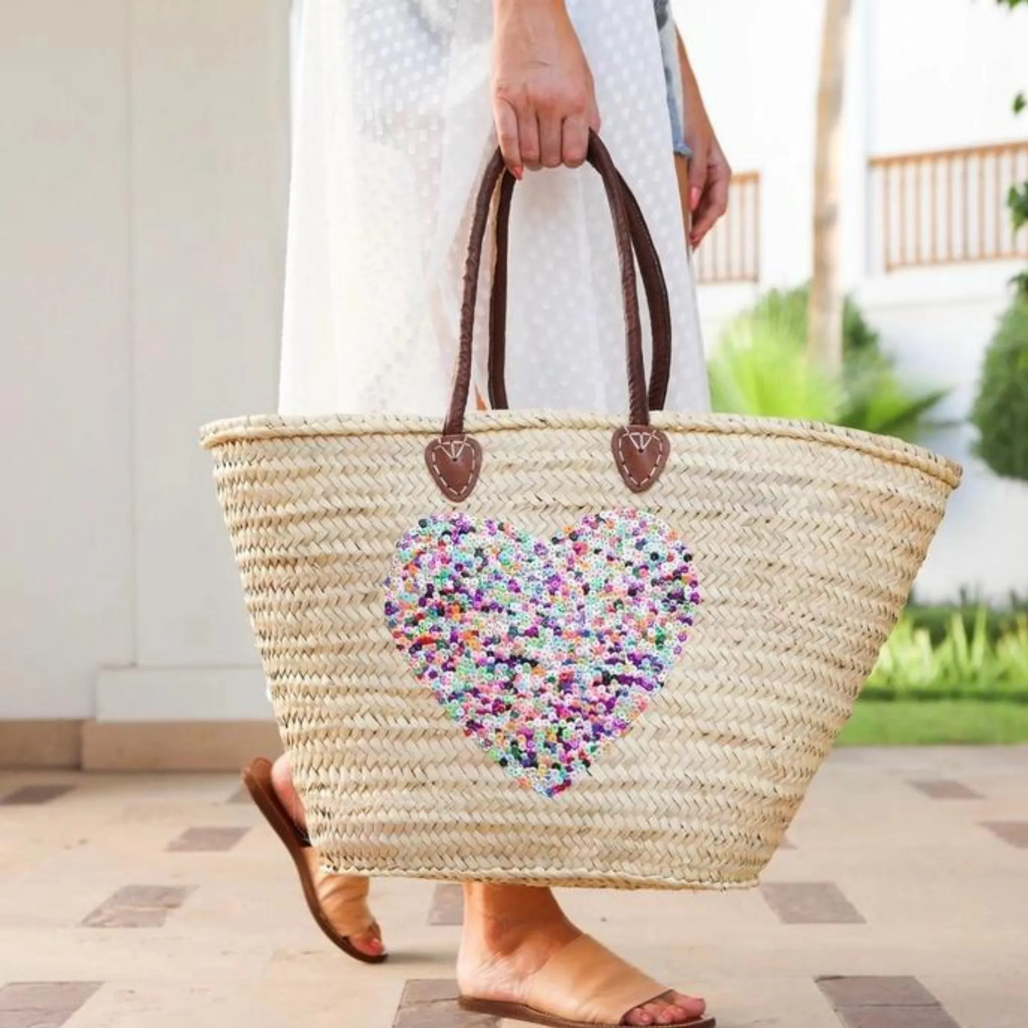 Sequin & Wicker Beach Bag Tote with Leather Handle