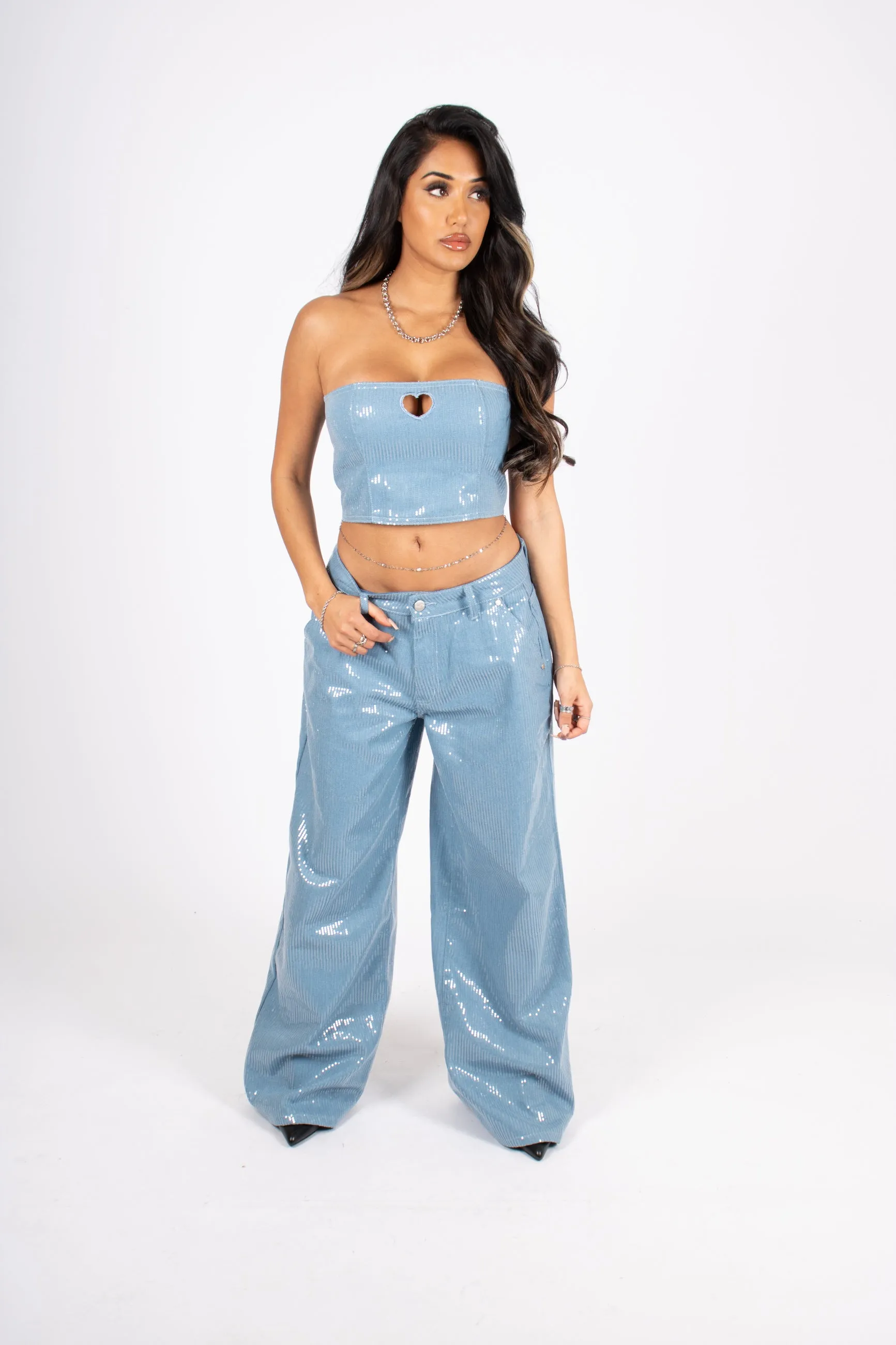 Sequin Blue Denim Baggy Heart Pocket Jean