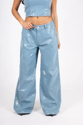 Sequin Blue Denim Baggy Heart Pocket Jean