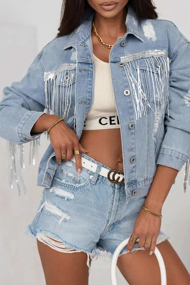 Sequin Embellished Fringe Distressed Denim Jacket