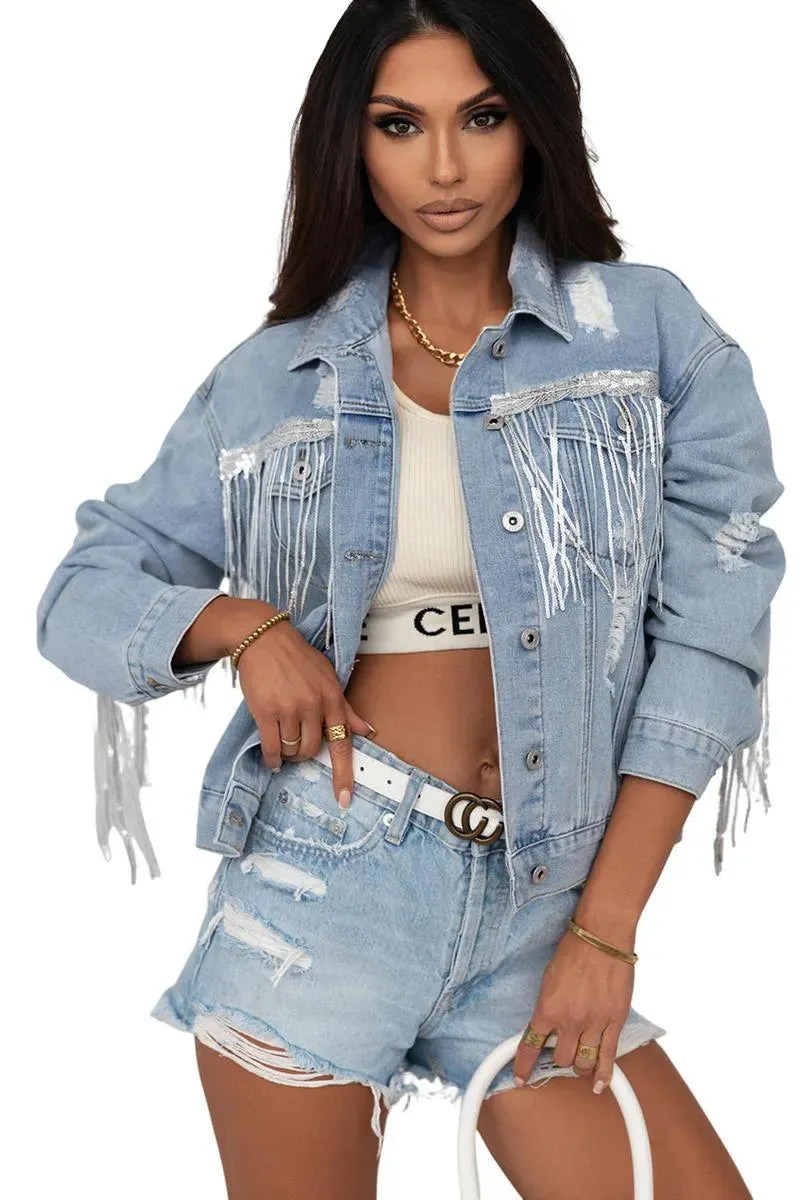 Sequin Embellished Fringe Distressed Denim Jacket