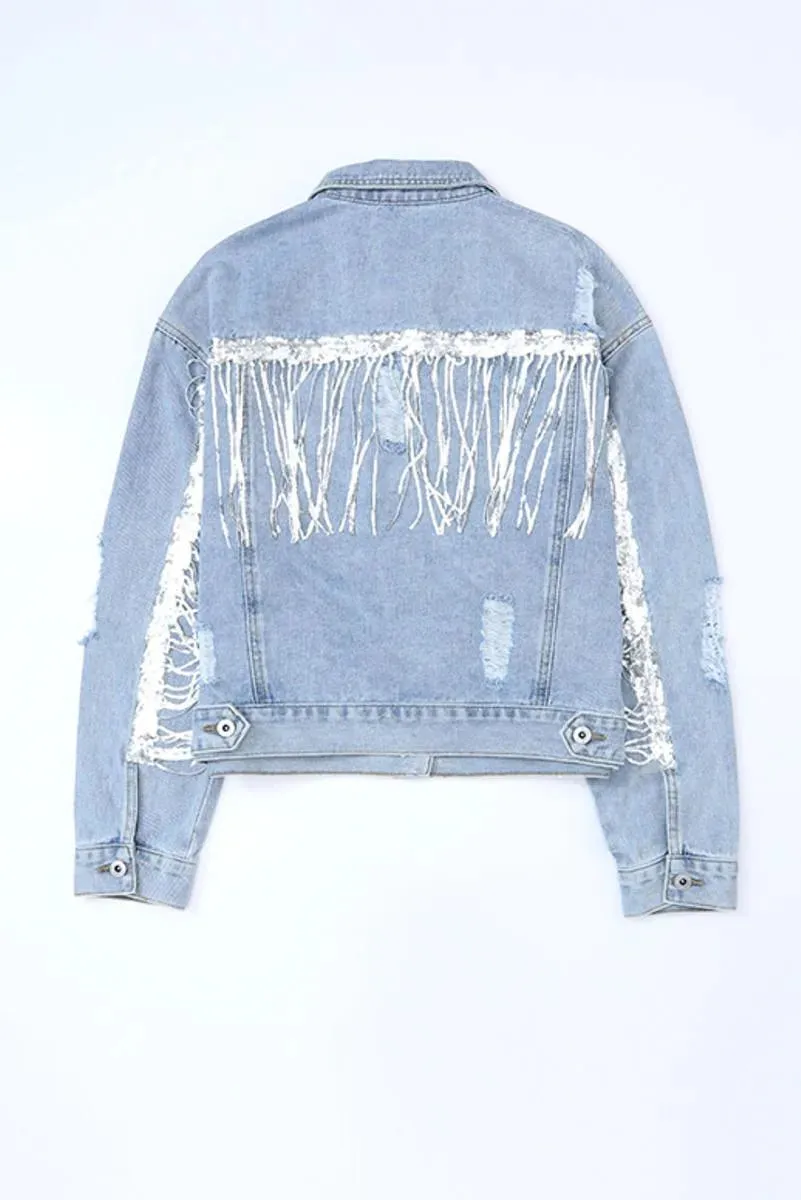 Sequin Embellished Fringe Distressed Denim Jacket