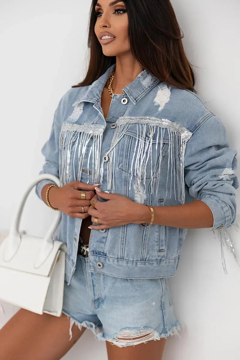 Sequin Embellished Fringe Distressed Denim Jacket