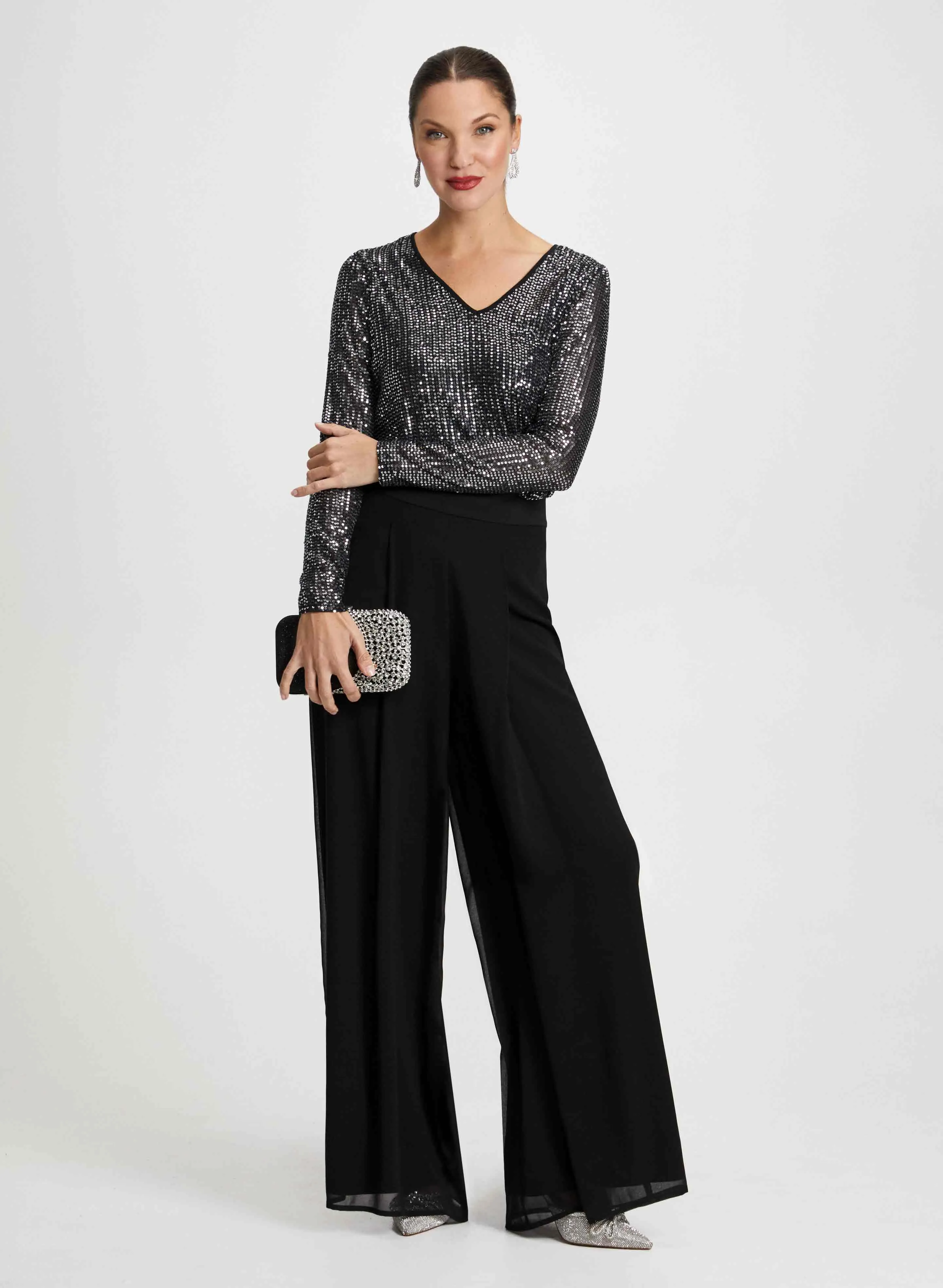 Sequin Top & Wide Leg Chiffon Pants